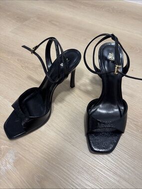 Zara Black Strappy Square-Toe Stiletto Sandals